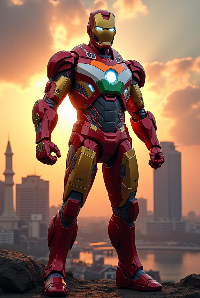 Create a highly detailed image of an Indian version of Iron Man, standing heroically with the cityscape of Mumbai in the background. The character should have armor inspired by traditional Indian elements, with vibrant colors like gold, red, and blue. The Indian flag should be prominently displayed on the chest plate, with the Ashoka Chakra clearly visible. The Mumbai skyline should include iconic landmarks like the Gateway of India and the Bandra-Worli Sea Link, all set against a sunset sky. The overall vibe should be powerful and patriotic. indian flag on chest
 
