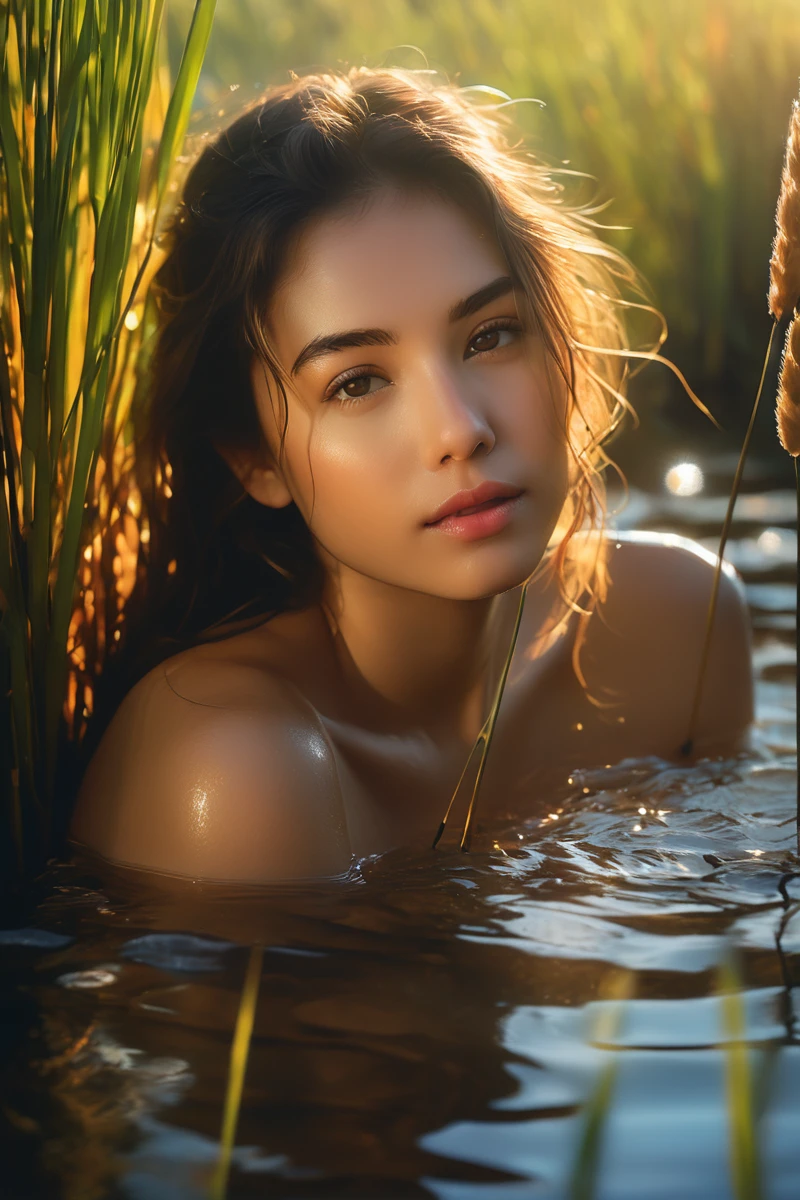 (masterpiece,best quality, ultra realistic,32k,RAW photo,detail skin, 8k uhd, dslr,high quality, film grain:1.5), close up portrait of a cute woman bathing in a river, reeds, (backlighting), lens flare, shade, bloom, [[chromatic aberration]], by Jeremy Lipking, by Antonio J. Manzanedo, digital painting