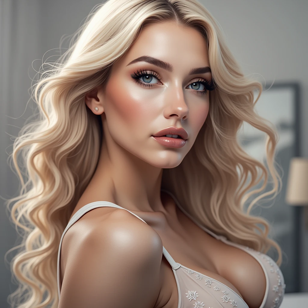 I want you to generate the gorgeous body of this woman on a white bed in white lingerie
