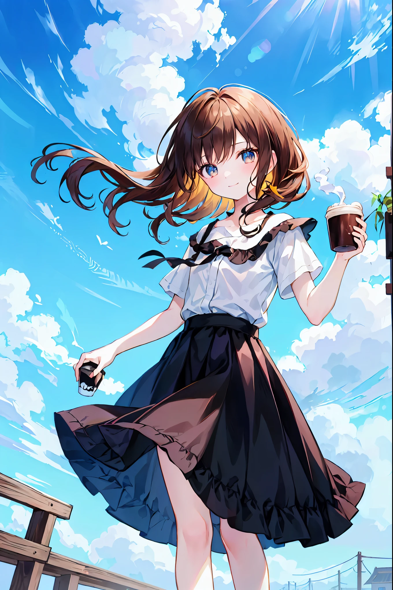 （Cute older sister:1.3）、Long eyelashes、smile,Spring atmosphere、noon、Aggressive、hot、((Strong winds))、Black Skirt、Shining Eyes、Yellow Y-shirt、Cafe，Cup Coffee，Brown Hair，Shortcuts，Messy Hair，Slender beauty，Small chest，Beautiful feet