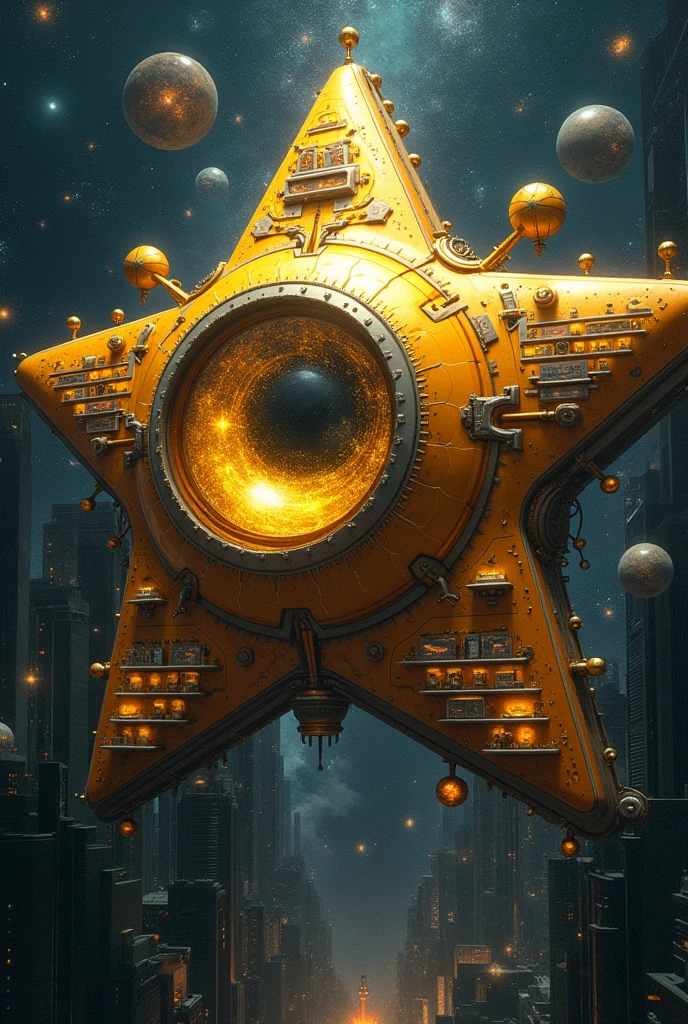 Star-sized mechanism flies through space, yellow, huge mechanical eye. There are stars in the pupil, Universe, star explosion, nebula, spaceships and the history of the origins and events of mankind are arranged on shelves. Detailing of historical events.