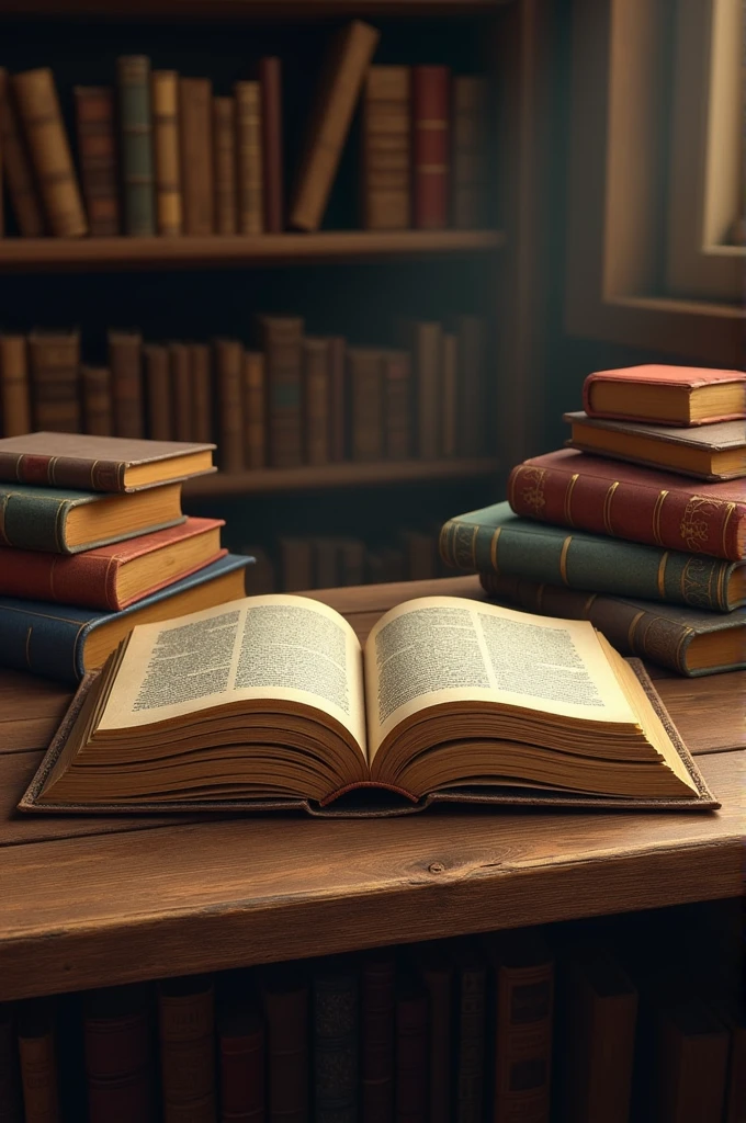 Opened book and stacks of old books on wooden desk in old library. thumbnail generate