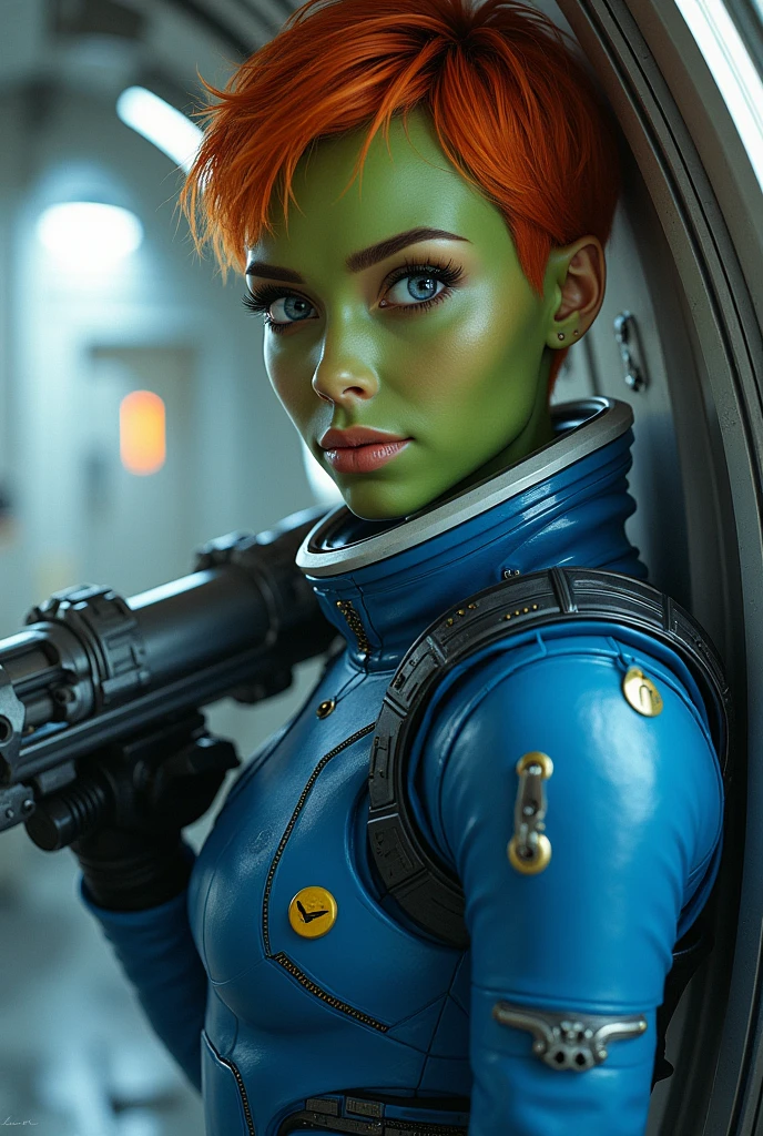 A green skinned girl, wearing a blue space shirt, spaceship interior background. Her eyes are blue. She holds a space blaster. She has red short masculine hair. Beautiful detailed face