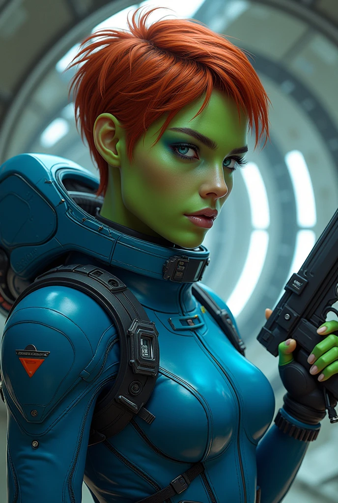 A green skinned girl, wearing a blue space shirt, spaceship interior background. Her eyes are blue. She holds a space blaster. She has red short masculine hair. Beautiful detailed face 