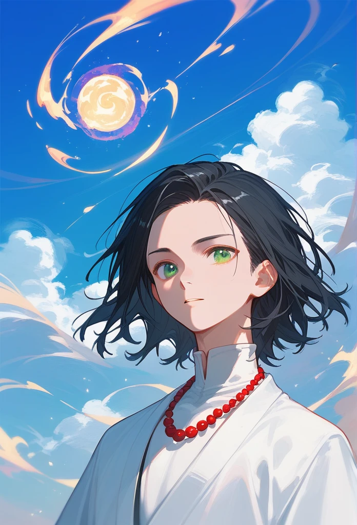 score_9_up,score_8_up,1boy, close up, Black Hair, green eyes, medium hair, bangs, (forehead:0.8), white kimono, high neck halter top, red beads, ((necklace)), clouds, blue sky, (((magic))), solo, 