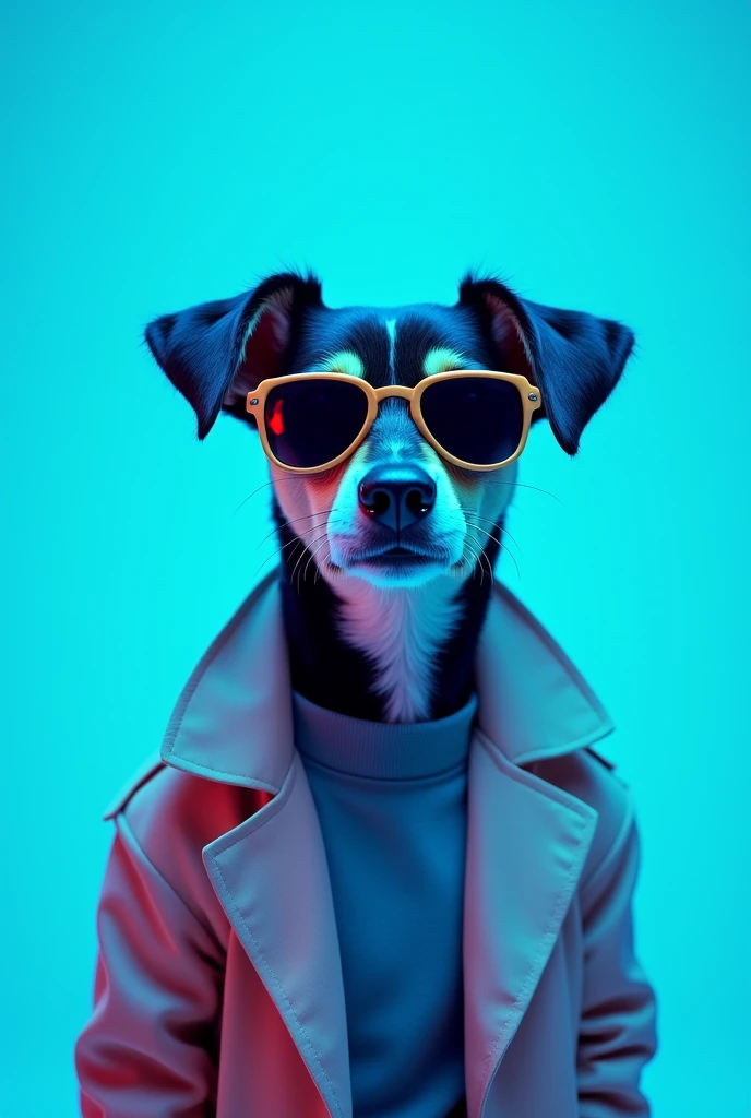 The best cell phone wallpaper, Award-Winning Wallpaper, portrait photography, In the front view is a portrait of a cute dog wearing mid-1960s space age fashion, Side view photo, Shot with Canon EOS R5, Set a strong contrast that accentuates the subject, Fluorescent blue tone, Wearing a very modern coat and sunglasses is a modern 1960s style, Clothes all in one color, beautiful
new
background