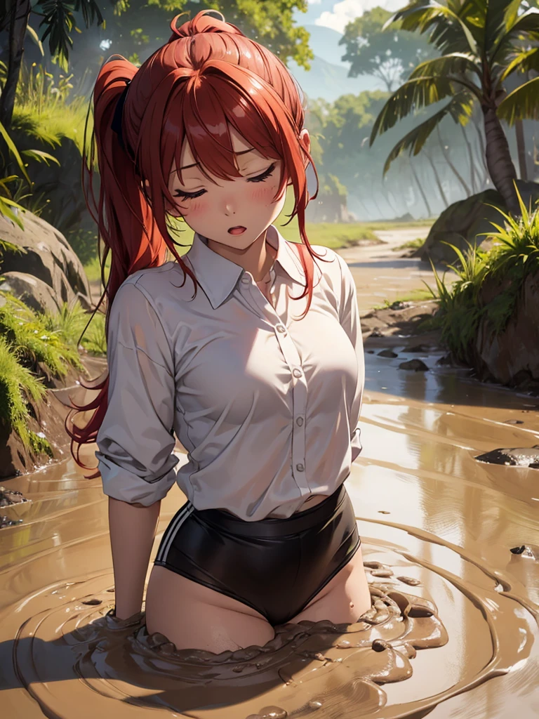 1girl, solo, masterpiece, best quality, high res, highly detailed, (illustration), eyes closed, yuigahama yui, red hair ponytail, glossy lips, light makeup, orgasm, open mouth, intimate moment, school shirt, torso, no pants, (quicksand:1.4), (from side:0), bog, swampy, arched back, (headback:1.4), dirty, muddy, soiled,