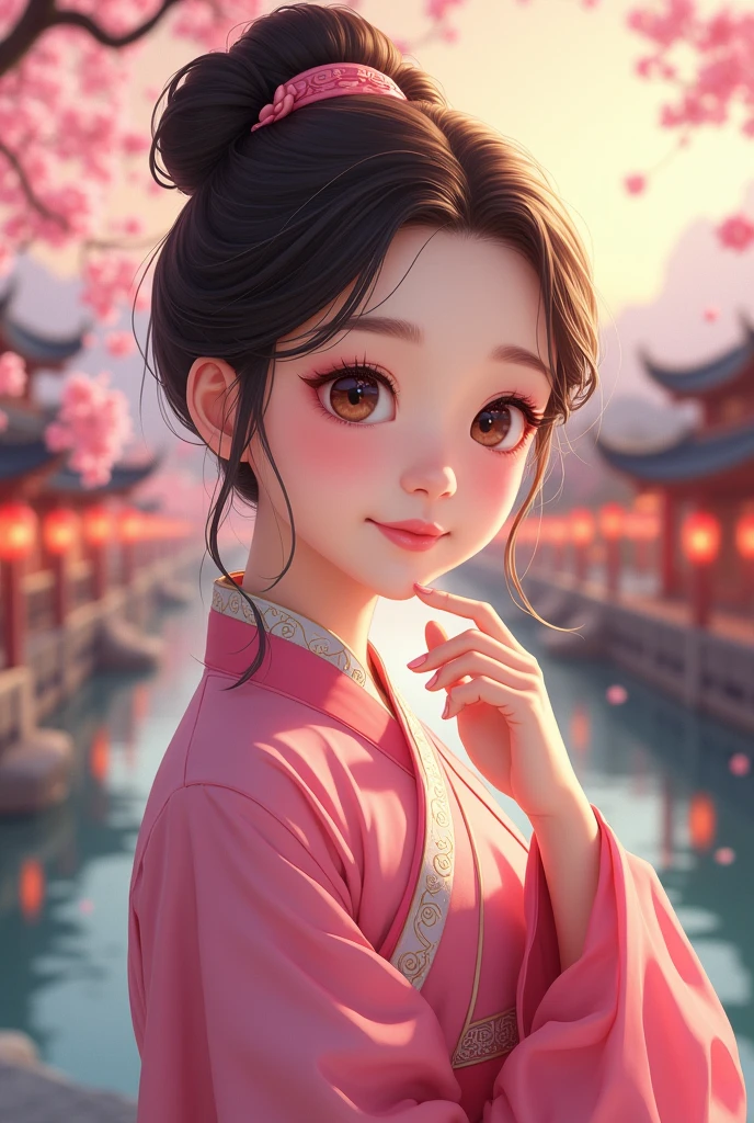 ( High resolution、 masterpiece、Highest quality、8k)、Tang Dynasty Buildings、Tang Dynasty China、Tang Dynasty China、(The face is round、Her eyes are long and cute、The most beautiful woman)、Chinese traditional clothing with a bright pink color and floral pattern、(whole body)、Brown and black round bun hairstyle、Smiling Eyes、Holding、Cute gesture、Fingers on the chin、background、Tang Dynasty Buildings、Chang&#39;an city in the Tang Dynasty、Plum blossom、river view、Riverside city lights、Lantern Light、A complete portrayal、Detailed anime art、Detailed CG、