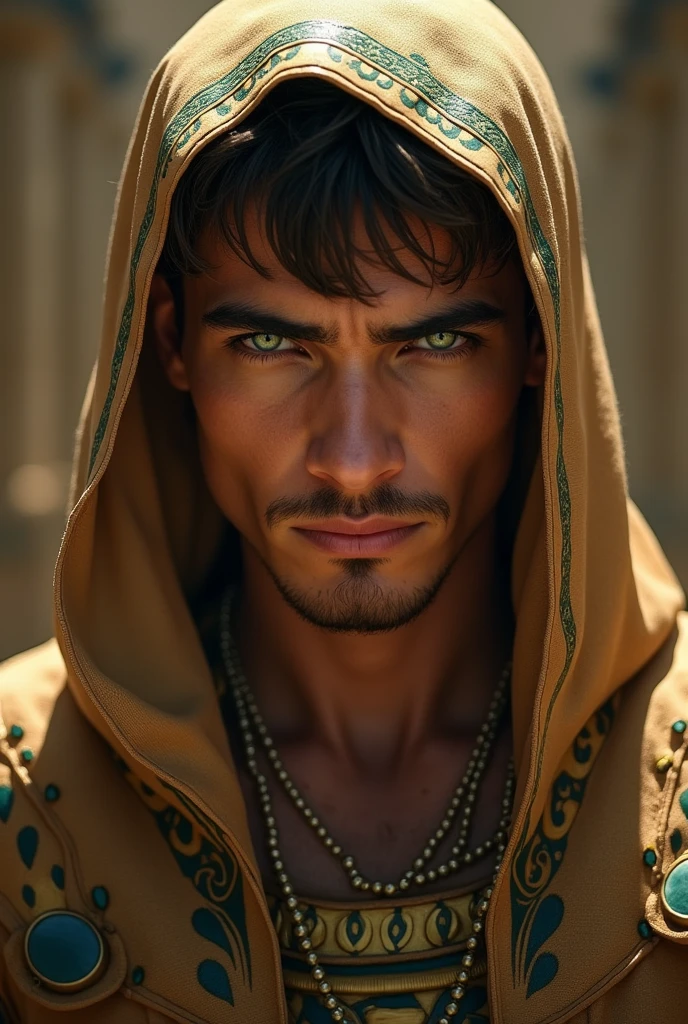  An  Egyptian handsome man green eyes ,brown hair , white face  , square shap face In to prisoner wearing a Egyptian dress pharaoh .