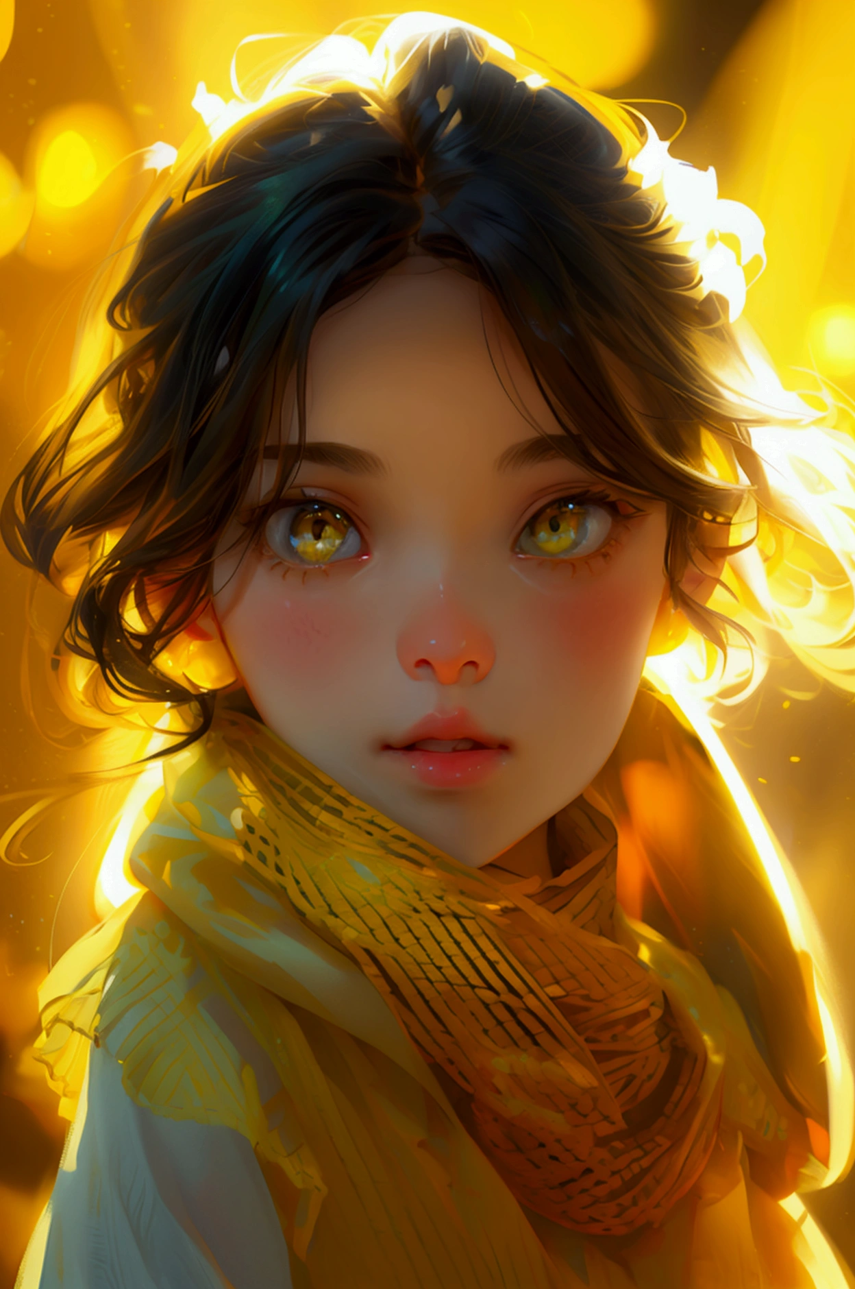 a beautiful cute girl in front yellow lights and background is also yellow her eyes is green looking at camera, cute innocent face full body