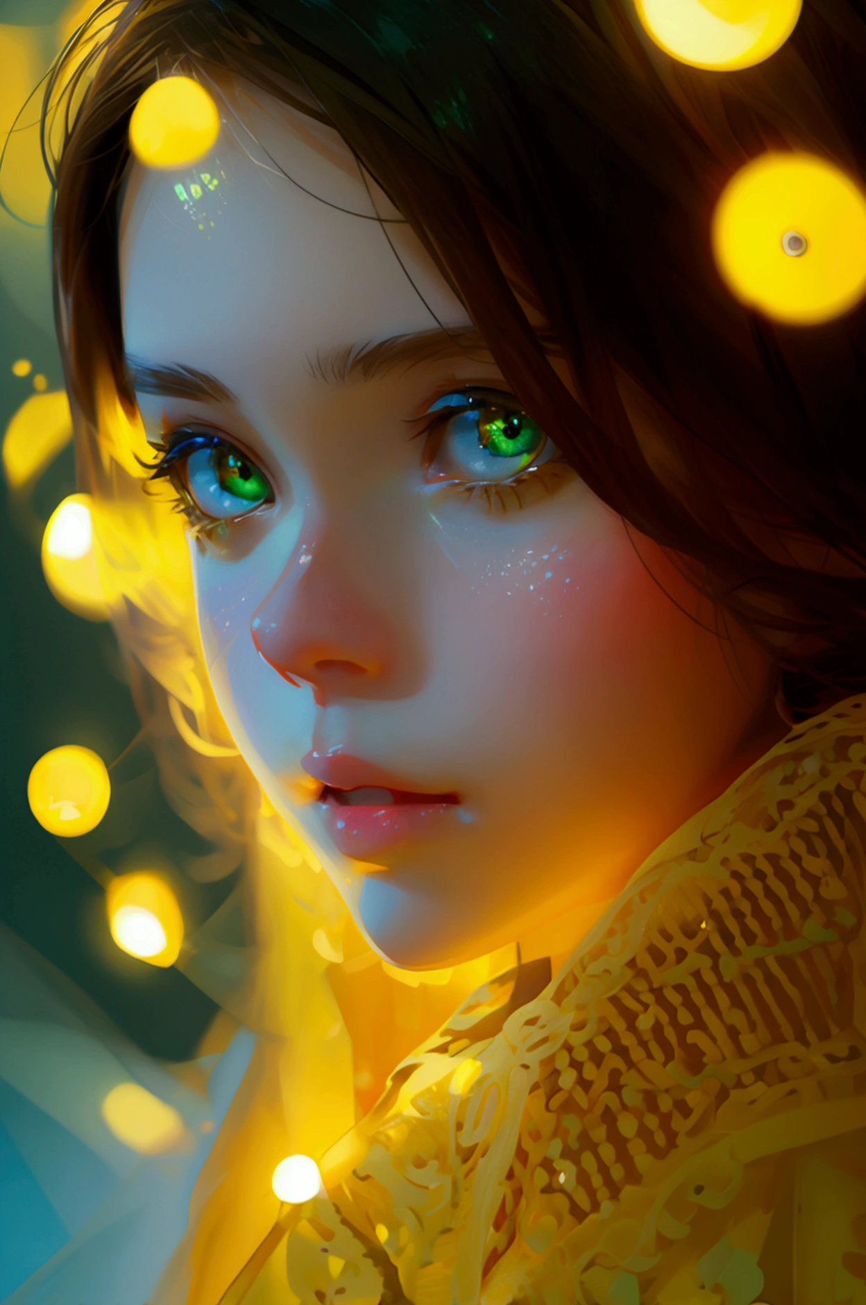 a beautiful cute girl in front yellow lights and background is also yellow her eyes is green looking at camera, cute innocent face full body