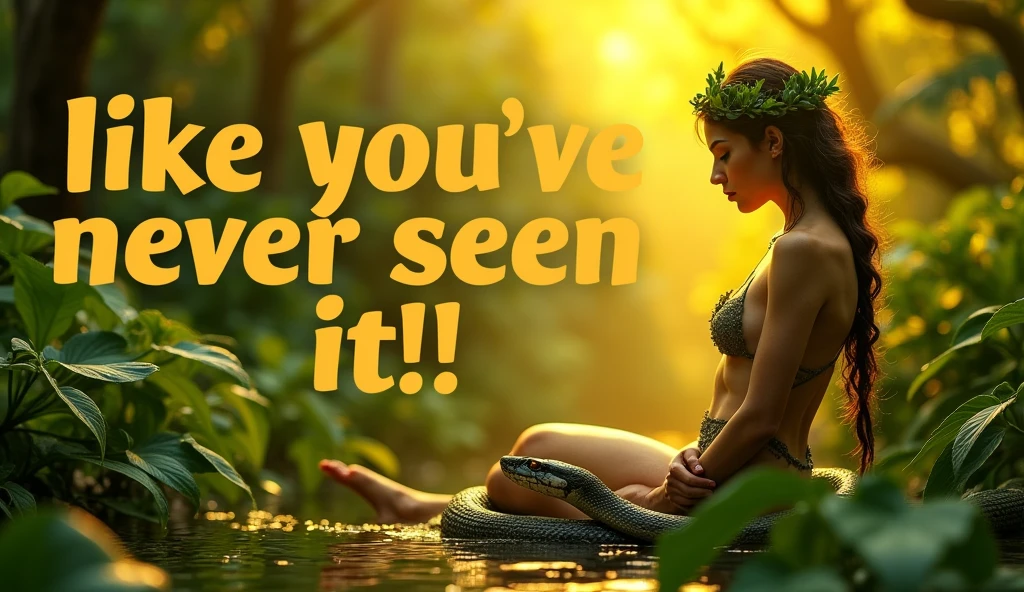 Create an impactful YouTube cover with a background in harmonious colors highlighting yellow. highlight the phrase "Like You've Never Seen It!" in large, eye-catching letters. Highlight the figure of a semi-nude woman, with only leaves covering her private part, capturing her essence, with the Garden of Eden in the background. Include a snake in the scene, positioned to look directly at Eve, adding an element of tension and mystery. The design should attract attention and reflect the importance of the topic.