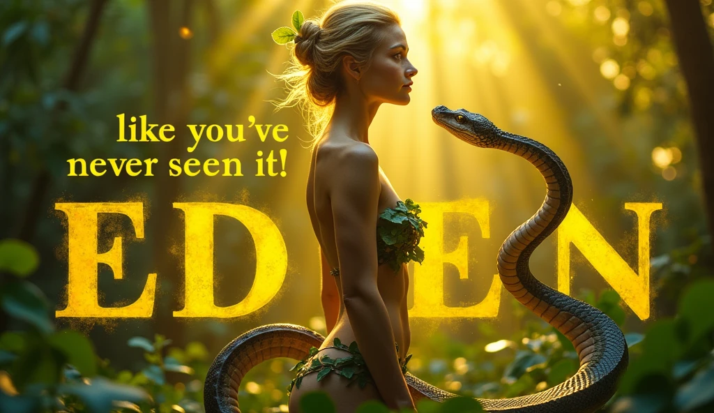Create an impactful YouTube cover with a background in harmonious colors highlighting yellow. highlight the phrase "Like You've Never Seen It!" in large, eye-catching letters. Highlight the figure of a semi-nude woman, with only leaves covering her private part, capturing her essence, with the Garden of Eden in the background. Include a snake in the scene, positioned to look directly at Eve, adding an element of tension and mystery. The design should attract attention and reflect the importance of the topic.
