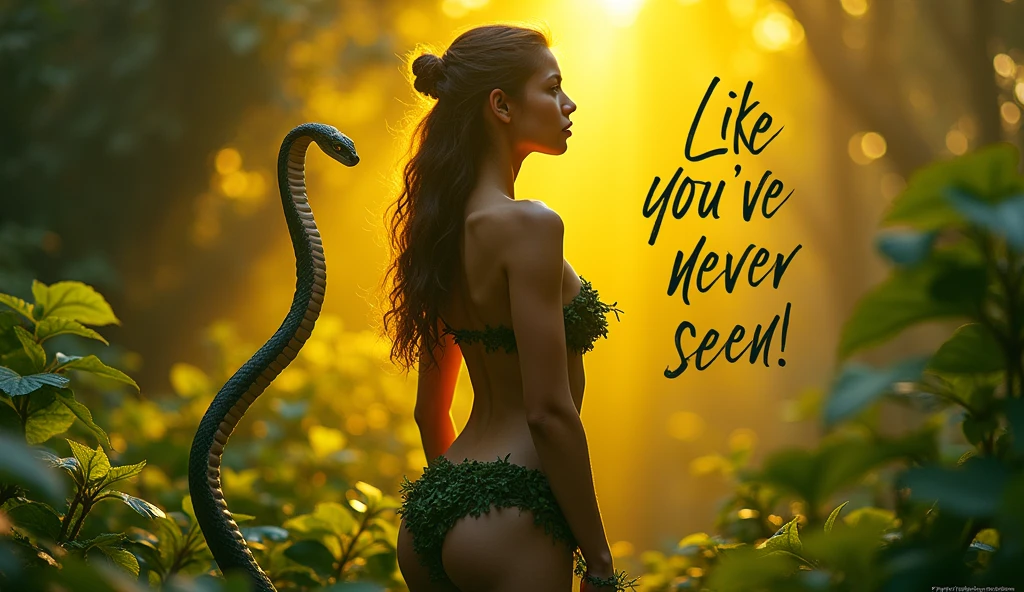 Create an impactful YouTube cover with a background in harmonious colors highlighting yellow. highlight the phrase "Like You've Never Seen It!" in large, eye-catching letters. Highlight the figure of a semi-nude woman, with only leaves covering her private part, capturing her essence, with the Garden of Eden in the background. Include a snake in the scene, positioned to look directly at Eve, adding an element of tension and mystery. The design should attract attention and reflect the importance of the topic.