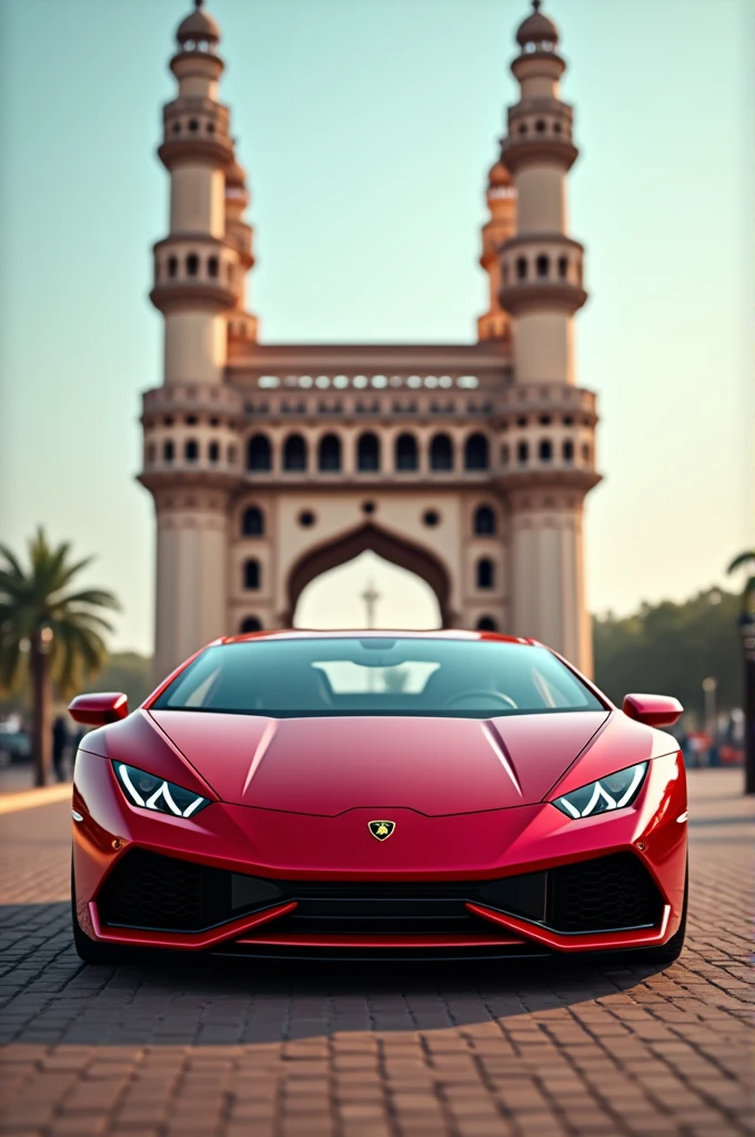 reb Lamborghini Huracan standing behind charminar 