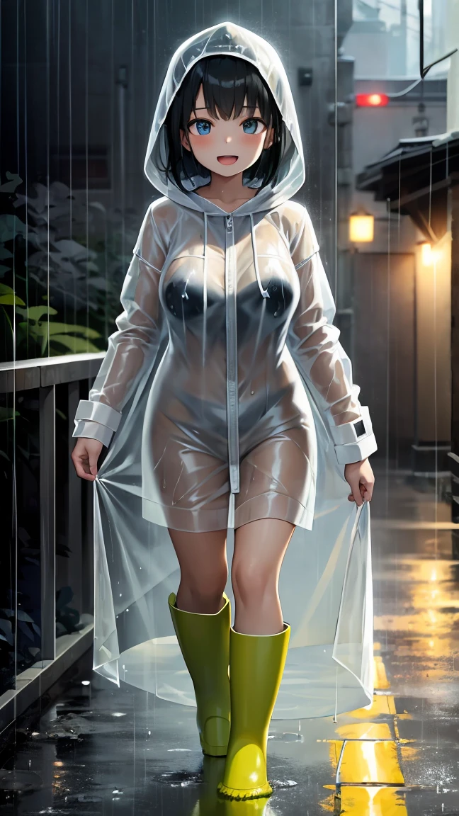 sunset, (looking at viewer:1.8), (young girl, 12yo:1.5), (breasts:1).high resolution, extremely detailed CG, unity 8k wallpaper, super detailed skin, perfect anatomy, detailed, cinematic lighting, dynamic lighting, beautiful detailed eyes. (walk:1.5), (rained, cityscape), gigantic breasts.
(raincoat, rain boots:1.5),  her hair is short and black、Your smile is wonderful and open mouth. The skin is radiant. 