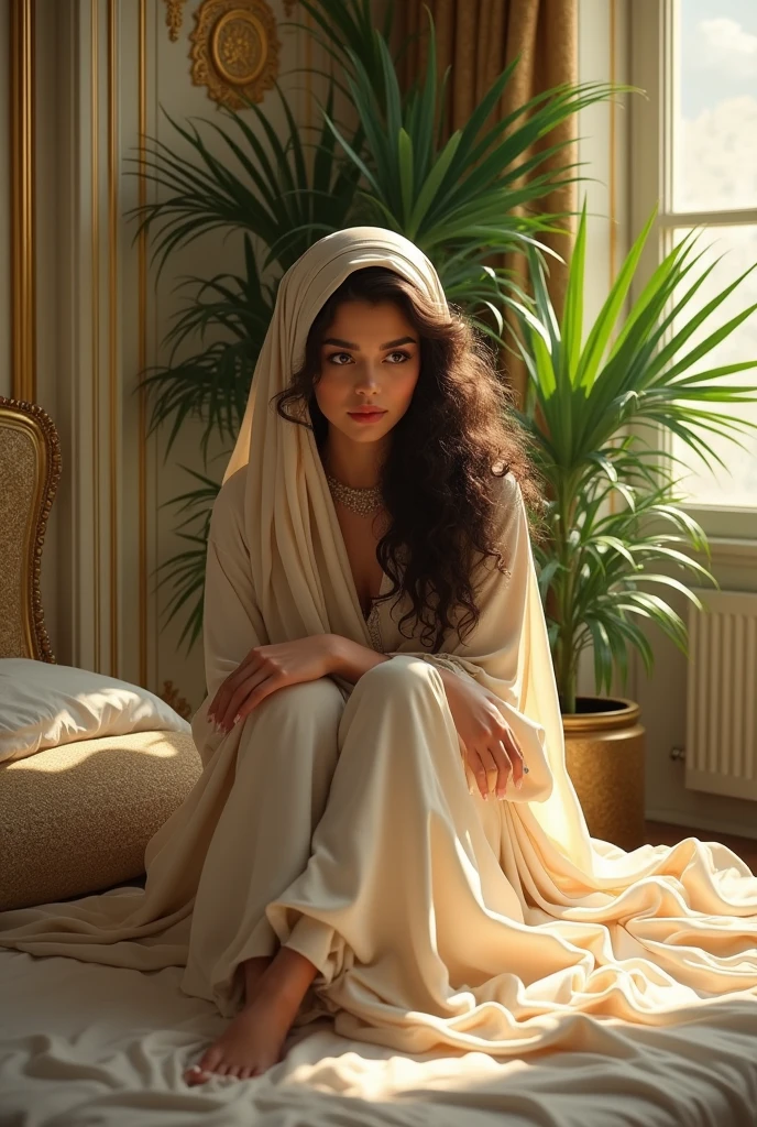 (photorealism:1.2), beautiful woman, sitting on bed, wearing hijab, long curly hair, indoors, soft lighting, plants in background, window with sunlight, gold made room with silver door, relaxed pose, realistic, intricate details, warm colors, by Greg Rutkowski, by Alphonse Mucha