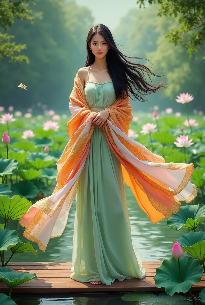 On the bridge in the middle of a beautiful white lotus pond, a beautiful young woman with a sweet and gentle face, long black hair flowing in the air, wearing a light green Dusit Thai dress, an orange and white sarong with pink sheen, a white and gold sheen shawl, the freshness of the green atmosphere of the lotus pond, an oil painting, a symmetrical painting, an art painting by Professor Chalermchai.