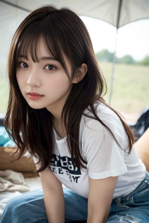 (Details High quality, realistic depiction of eyes:1.3), Tattered clothes, (The collapsed room), (Inside the barrack tent), (wearing a tattered and dirty t-shirt.:1.1), Wearing baggy pants, dirty body, (Messy long hair), black hair color, Big Natural Color Lip,  crying a little、Harajuku style、20 year old girl、cute type、lolita, Gravure Idol, full body photo、focus on crotch, huge breasts