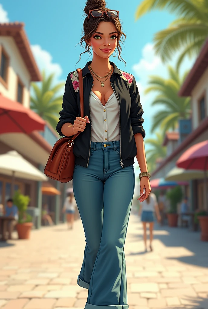 Beautiful white skin latin woman, 5'7" tall, top bun medium brown hair, deep green eyes, wearing black zipped up nylon floral bomber jacket, rolled up sleeves, white formal button up collar down blouse, collar over jacket, belted high waisted wide leg denim pants, happy smile, walking on the street, high hill sandals, summer sunny day, bag, crossing legs, crossing arms, sun glasses over head, watch and bracelet, neck chain