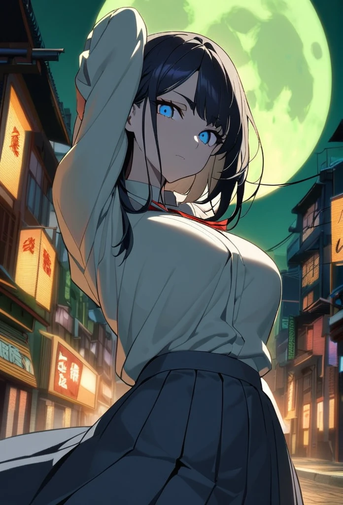 1 tall pale woman, long dark blue hair, large defined breasts, blue eyes, dressed in Japanese school uniform, Holding a pistol and placing it against his head.
Japanese city background (night) streets with coffins, with yellow full moon and green sky