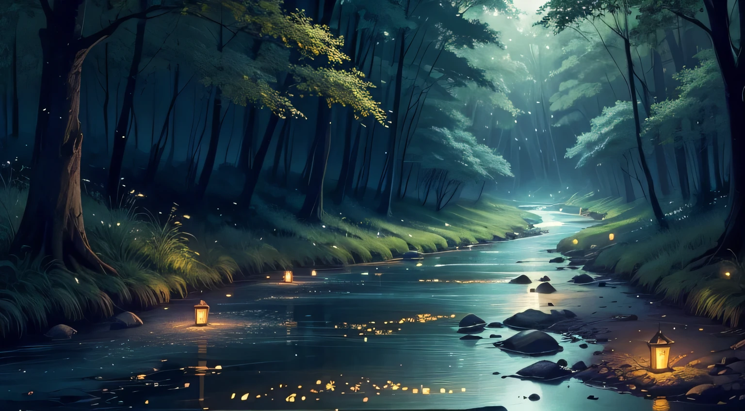 ht view of the stream with fireflies