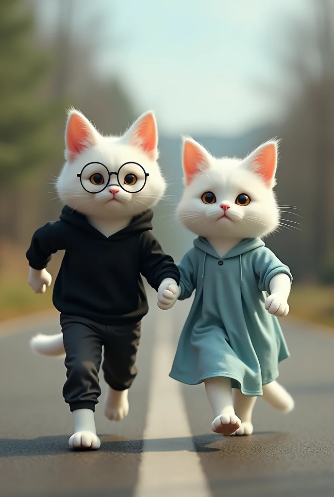 Tall  white cat dressed in black hoodie and black pant  with glasses holding hands of a  tall beautiful white cat dressed in blue plain frock  running on road 