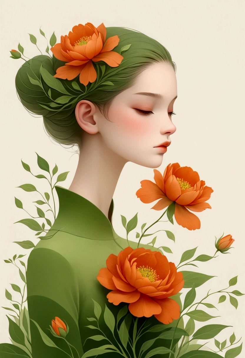 Victor Nai&#39;s style, beautiful details，simple，modern，advanced，cute，Color blocking，flowers，Orange，light green，grid，line，illustration，vigor，pixar，