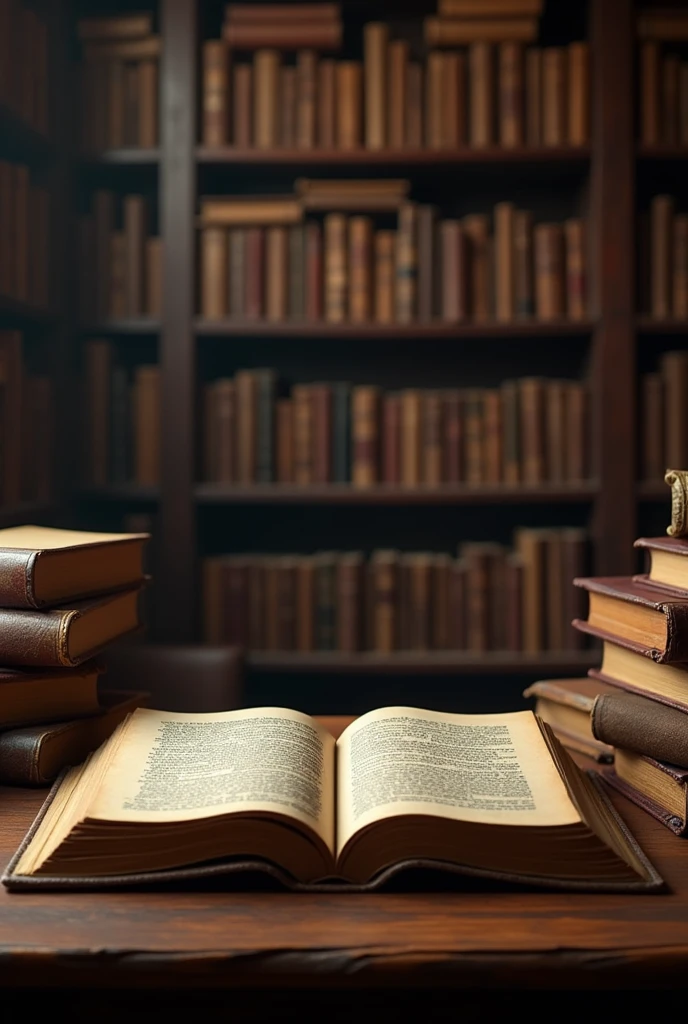 Opened book and stacks of old books on wooden desk in old library. thumbnail generate 16:9