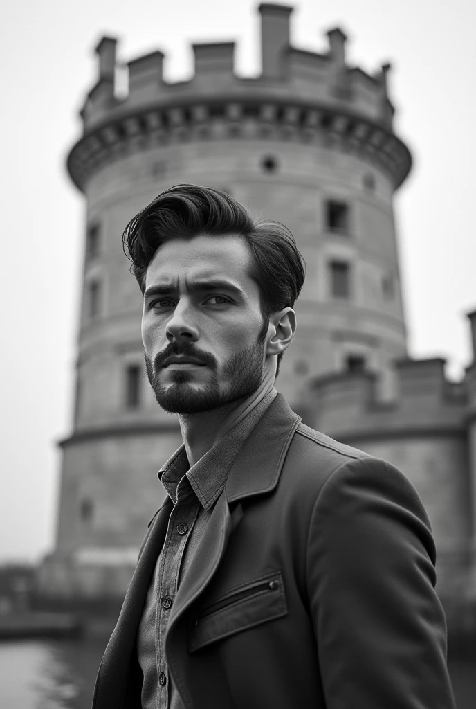 A handsome man in front of the Maiden's Tower in 1972, bad quality, black-white, no beard, In his 20s.