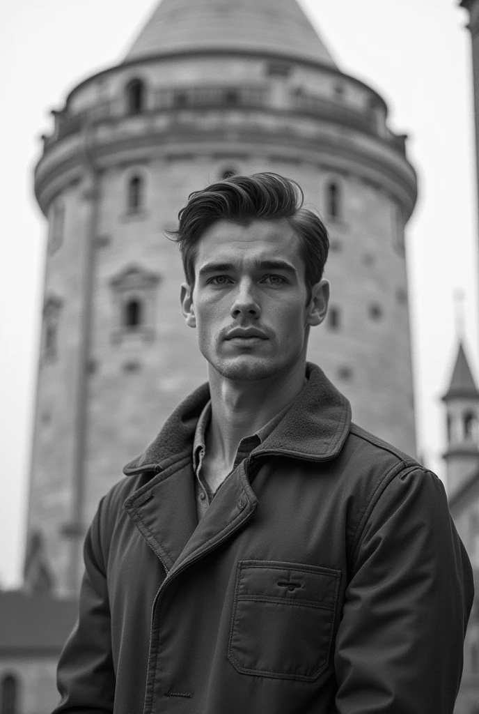 A handsome man in front of the Maiden's Tower in 1972, bad quality, black-white, no beard, In his 20s.