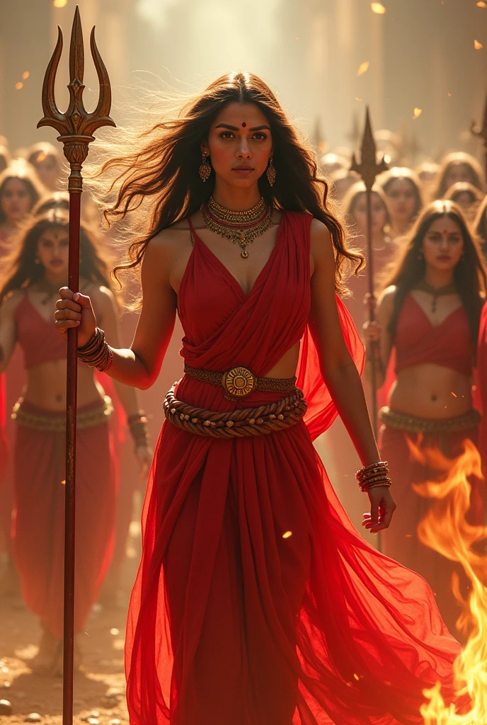 "A 24-year-old girl wearing a red shalwar suit, with long, flowing hair and a dupatta fluttering in the wind, embodies the form of Durga. She holds a powerful trident in her hand, exuding immense strength and beauty. Her surroundings are filled with flames and multiple tridents, symbolizing her fierce anger. Accompanying her are several other girls, standing together in a powerful stance."