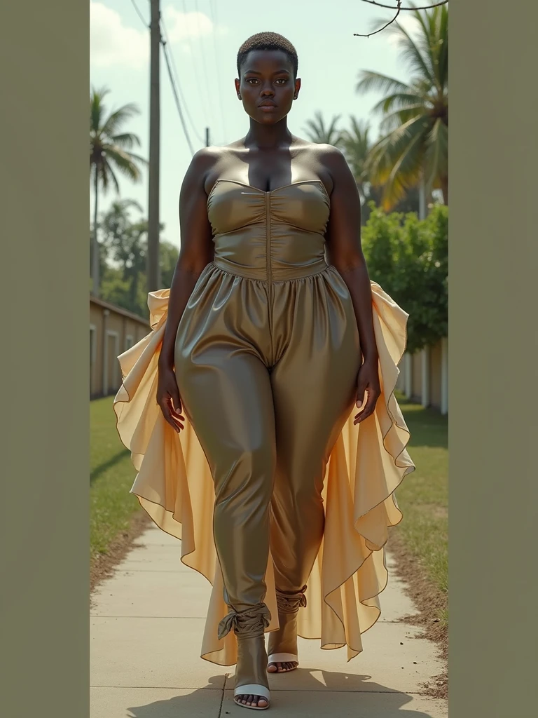 MASSIVE HIPS, MASSIVE BUTTOCKS, translucent (khaki plastic) leg warmers, UHD, She's a dark skin melanin Goddess, translucent puffy MASSIVE sleeves skirt, rural sidewalk, with infinitely small waist, tiny thin waistline, tiny waist, high top fade cut, no nudity