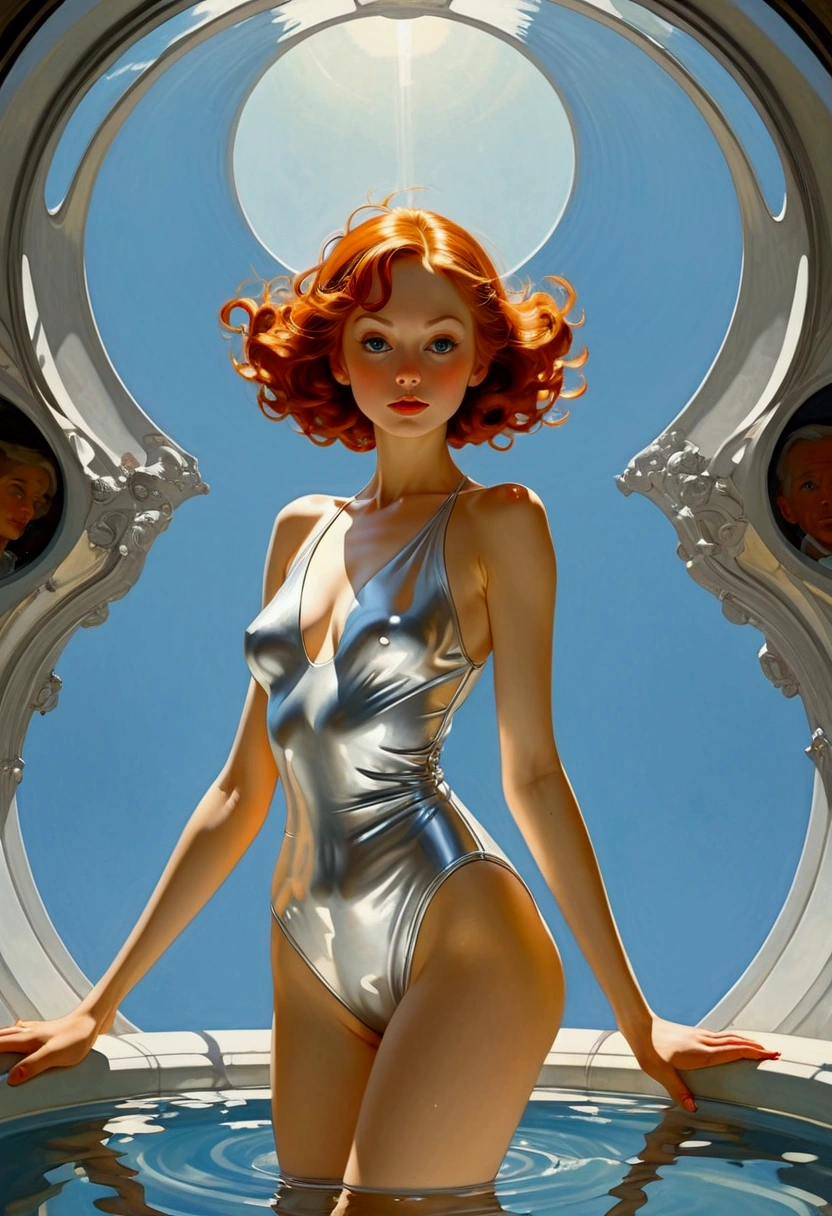 a girl in a one piece silver swimsuit view down below in the style of Gigi Cavenago and Jeffrey Jones and Albert Beck Wenzell and norman rockwell