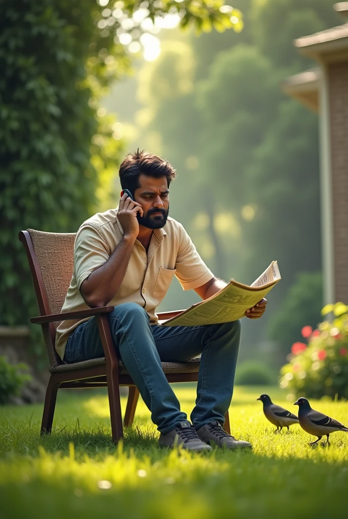 A 30 years Indian man is talking on the phone nearer to ears. He is at the home lawn, birds are walking on the grass, he sat on the chair, he hold newspaper with another hand.