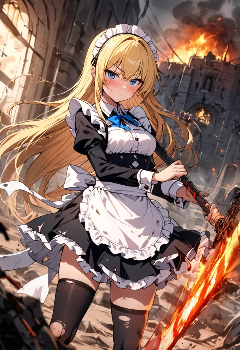 (8k, super high quality, masterpiece), (detailed), One Woman, Small breasts, Blonde, cute, Slightly longer length, Blue ribbon, Apron dress, Maid clothes, Slash with a two-handed sword, Western design sword, Perfect Stance, Burning Battlefield, Castle Defense, My whole body is dirty., Torn clothing, A strong enemy in front of me, Deadly Combat, Intense Combat, Quite dirty, Scorched, injury, Blood