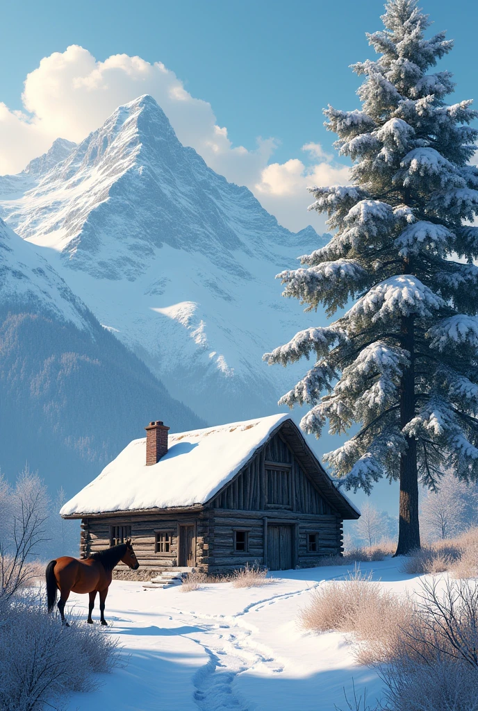 A wooden house covered with snow with huge  big tree covered behind the huge mohntaim and horse tied at side 