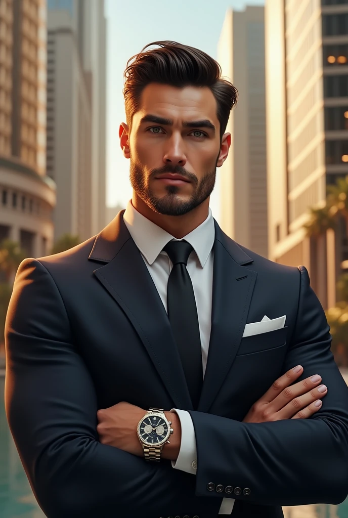 Great Muscular attractive suit with watch in hand attractive face shape and eyes and hairstyle and a great muscular Jawline with a charm face great buildings and lots of money behind him and he was a trillionaire he have lost of money