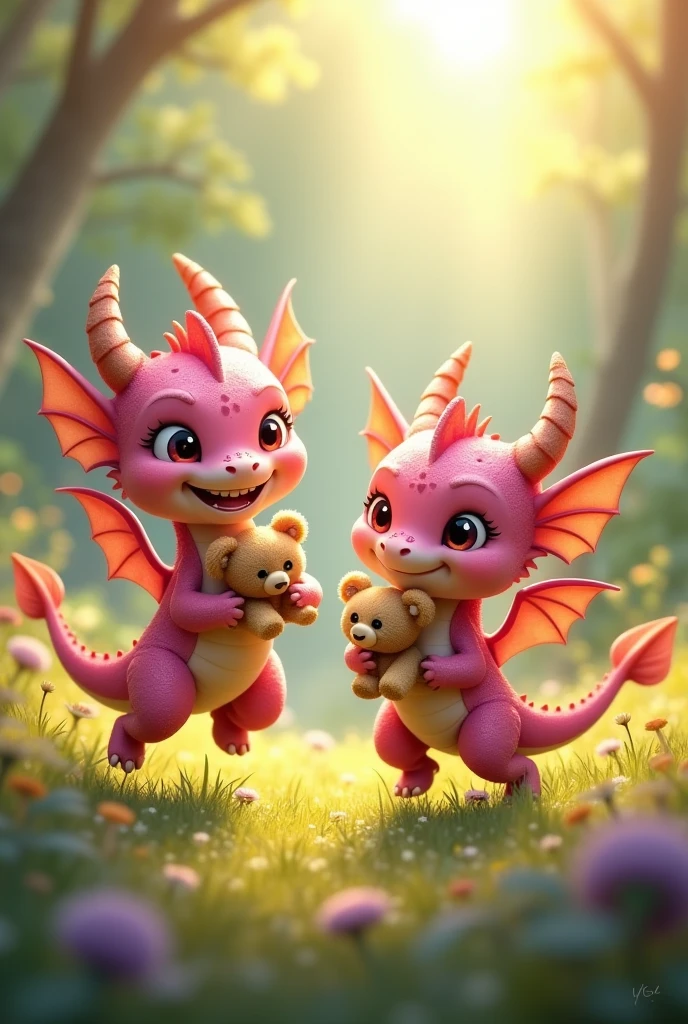 Two little pink dragons running around holding teddy bears. 