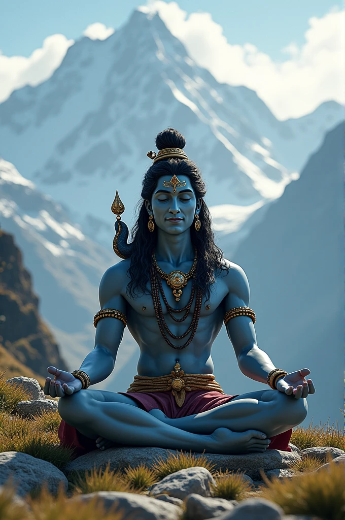 Lord shiva doing meditation in Himalaya, smile, snake on neck, jewellery, bracelet