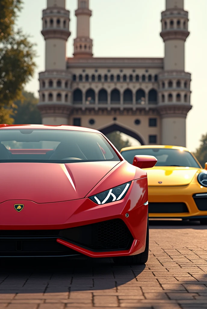 reb Lamborghini Huracan, realistic look with hd graphics,and yellow Porsche 911 standing behind charminar