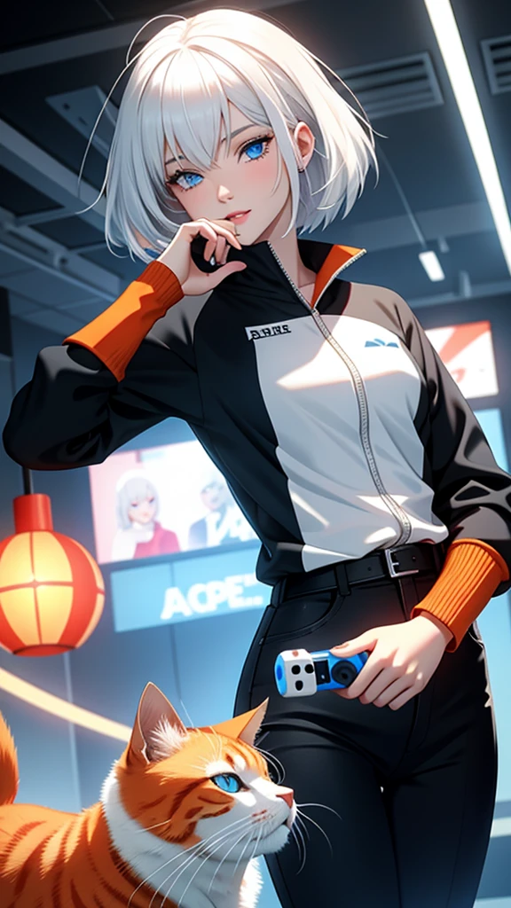 White hair, blue eyes, holding a game joystick, has an orange cat.