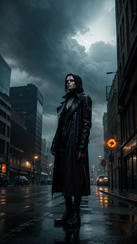 A dark, gothic cityscape drenched in rain, with towering, shadowy skyscrapers and neon signs flickering in the distance. The streets are wet and reflective, with a lone, mysterious figure standing in the middle, dressed in a long, black trench coat, looking up at the sky. The figure's face is obscured by shadows, adding an air of mystery. Overhead, storm clouds swirl, and a faint, eerie glow permeates the scene. The image conveys a sense of loneliness, decay, and haunting beauty, capturing the essence of gothic rock.