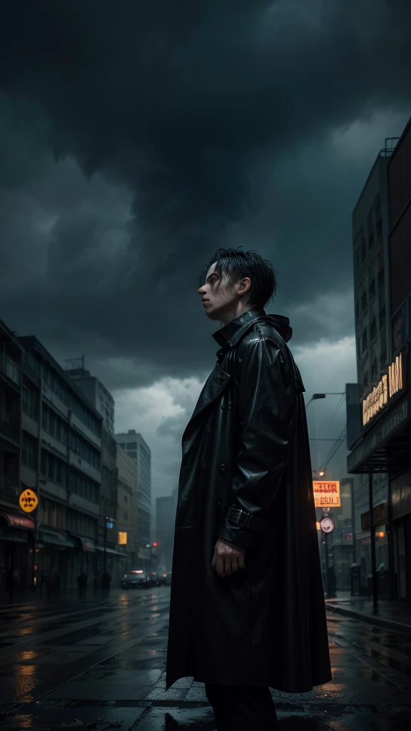 A dark, gothic cityscape drenched in rain, with towering, shadowy skyscrapers and neon signs flickering in the distance. The streets are wet and reflective, with a lone, mysterious figure standing in the middle, dressed in a long, black trench coat, looking up at the sky. The figure's face is obscured by shadows, adding an air of mystery. Overhead, storm clouds swirl, and a faint, eerie glow permeates the scene. The image conveys a sense of loneliness, decay, and haunting beauty, capturing the essence of gothic rock.