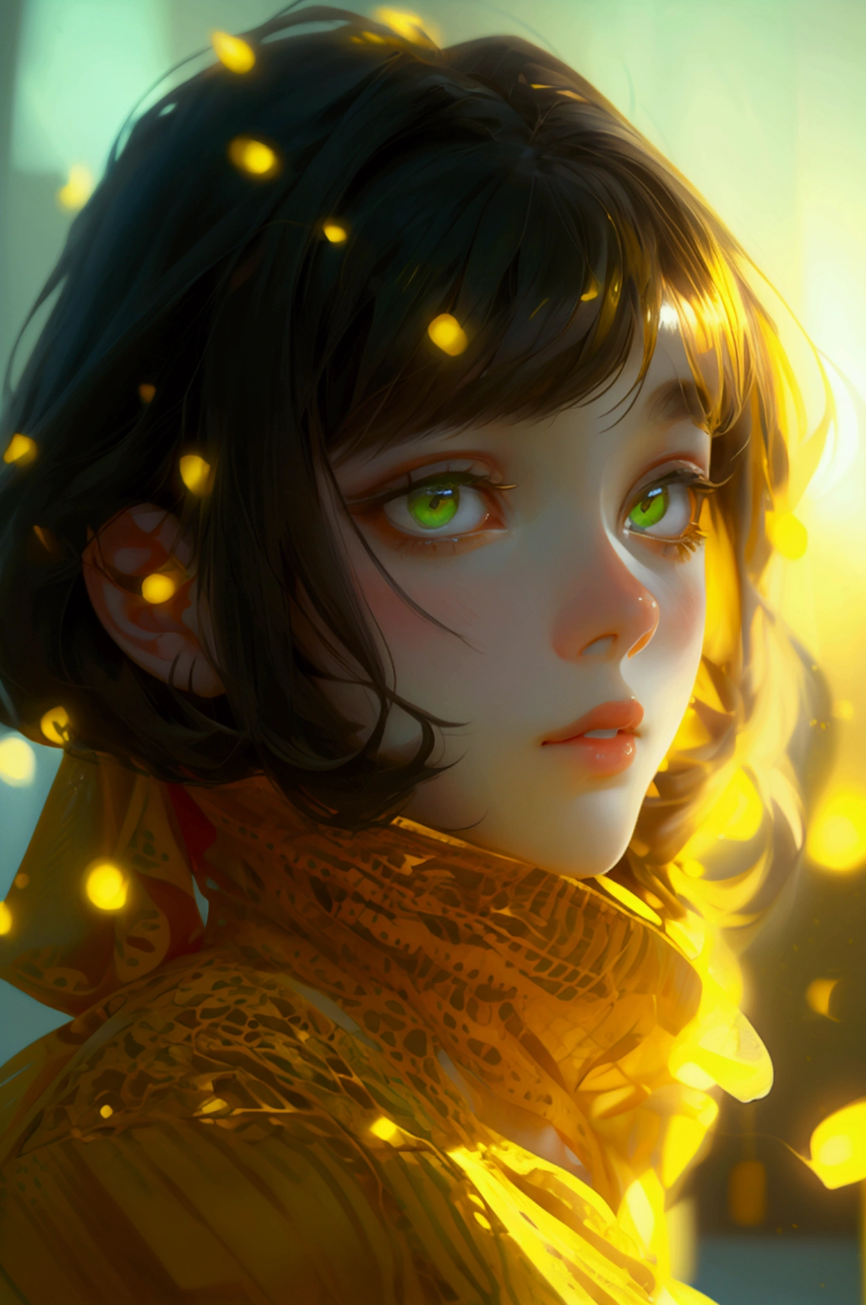 a beautiful cute girl in front yellow lights and background is also yellow her eyes is green looking at camera, cute innocent face full body, futurestics act