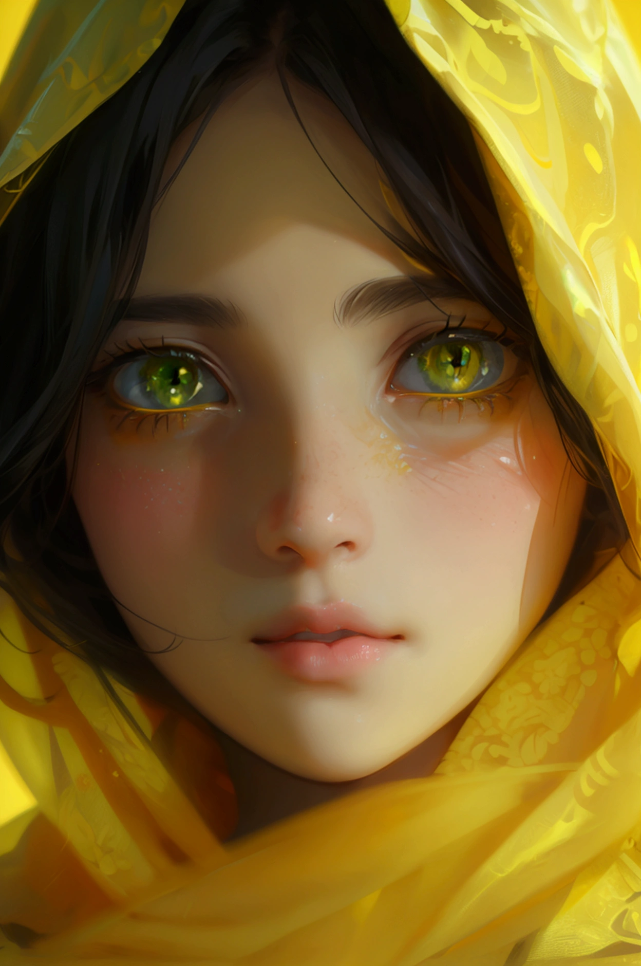 a beautiful cute girl in front yellow lights and background is also yellow her eyes is green looking at camera, cute innocent face full body, futurestics act