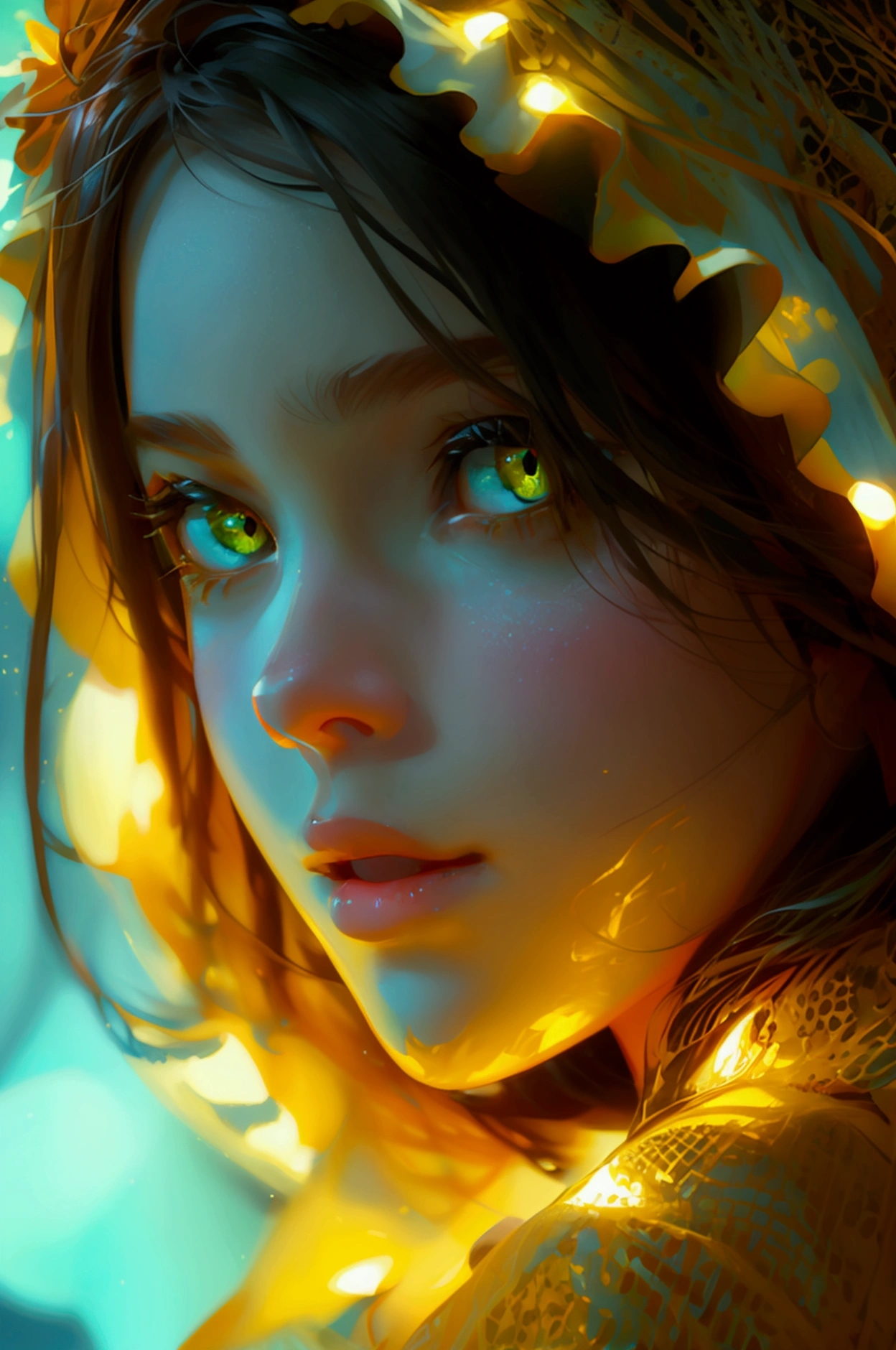 a beautiful cute girl in front yellow lights and background is also yellow her eyes is green looking at camera, cute innocent face full body, futurestics act