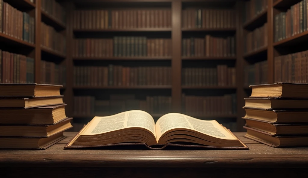 Opened book and stacks of old books on wooden desk in old library. thumbnail generate 16:9