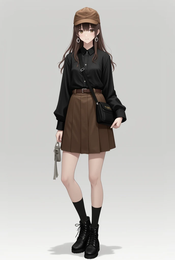 A girl wearing black dress shirt over the knee with a brown tin belt and black high timber land shoes with straight longgg hair large cirlce earings and black cross bag and a brown cap