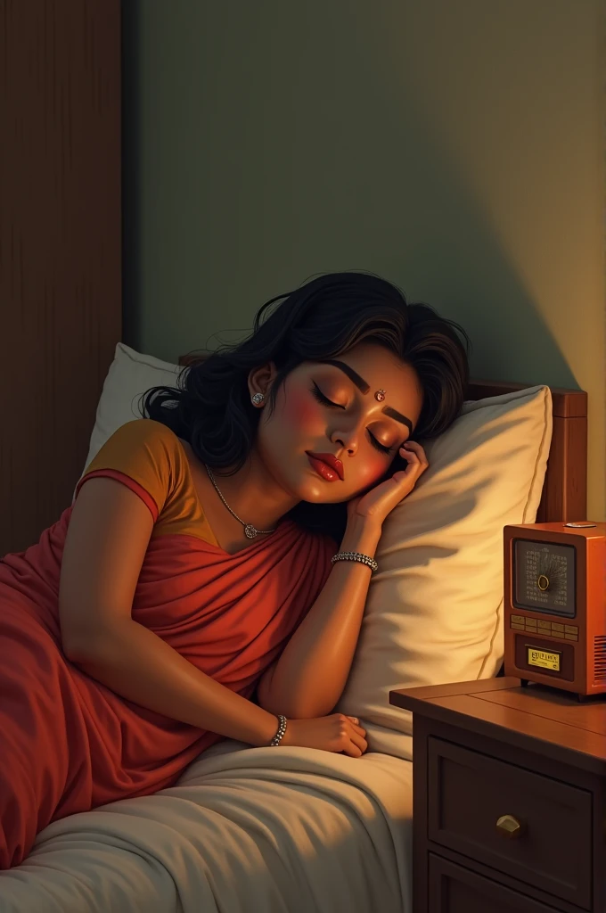 Indian Girl age 28 weight 55 sleeping on a bed wearing a saree looking her some clueless having a little big boobs & dowing volume up of old radio house sleeping stomach down on bed with her legs up sacking wearing a payal